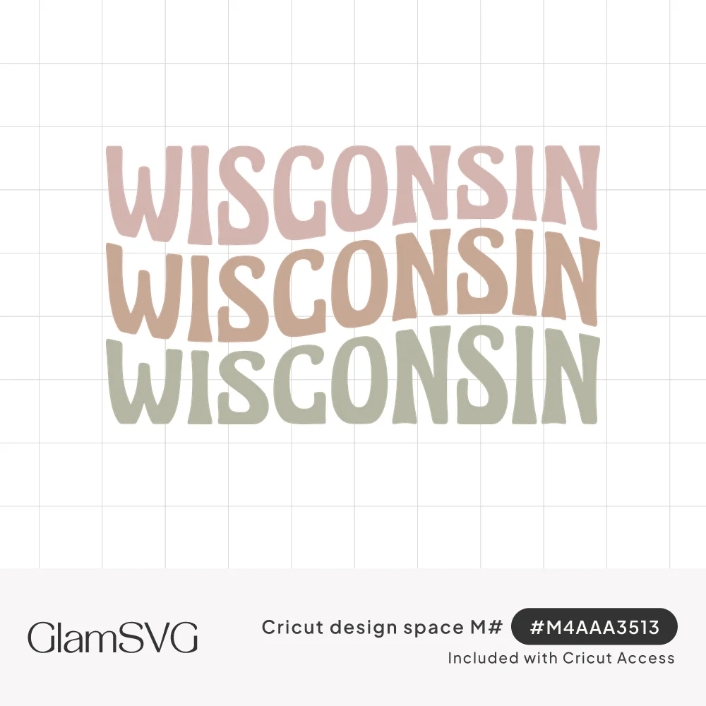 The word Wisconsin repeated three times in wavy retro letters in dusty pink, terracotta, and sage green