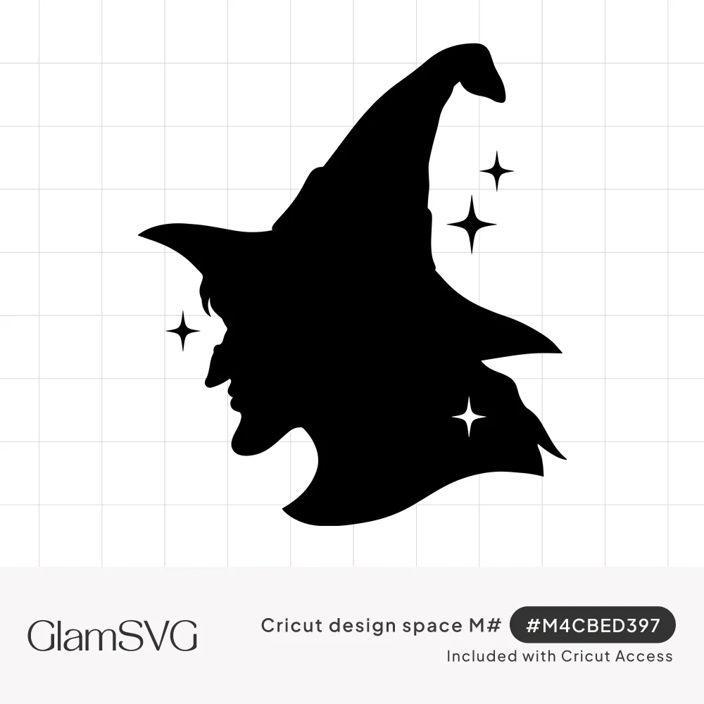 Black silhouette of a witch in profile wearing a tall curled pointed hat, surrounded by small four-point sparkles