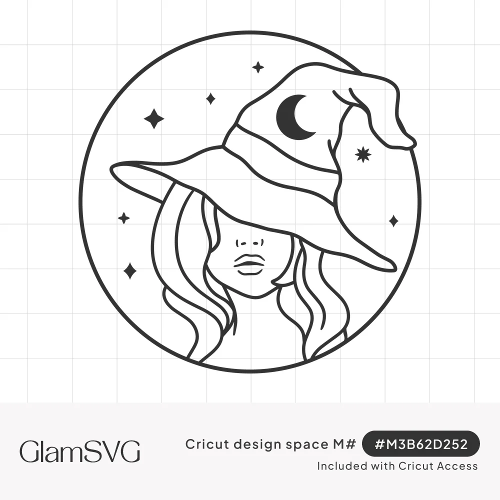 Line drawing of a woman in a witch hat with a crescent moon, long wavy hair and stars inside a circle