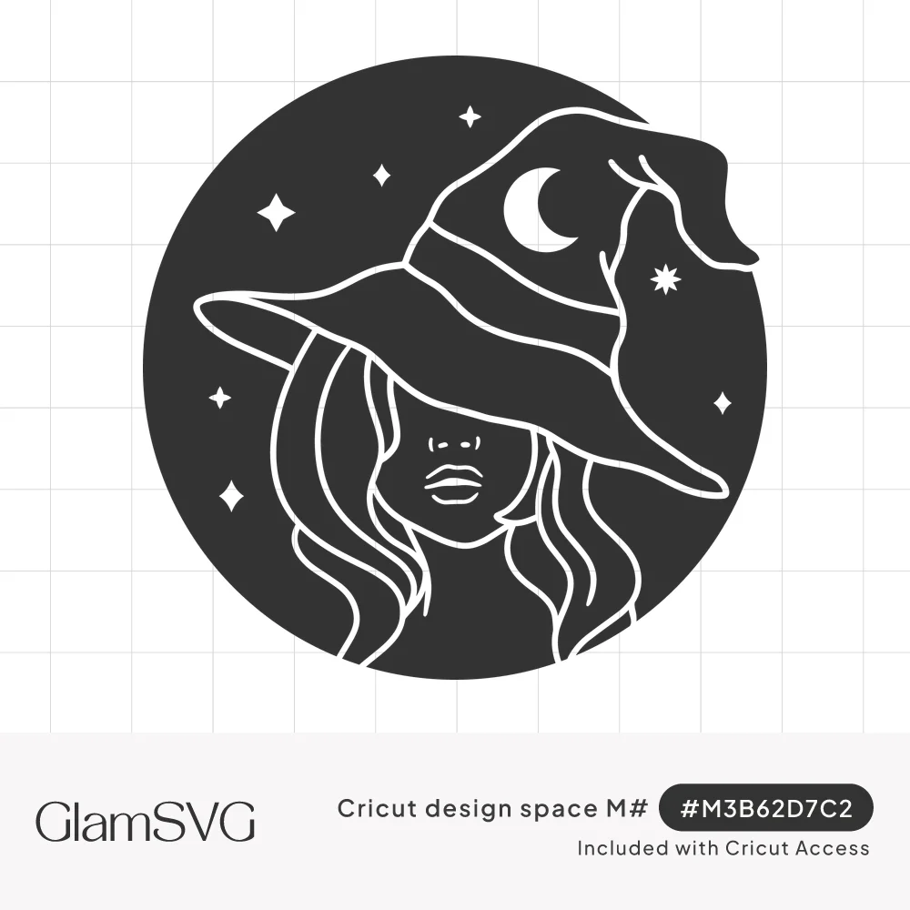 Line art witch with a moon-trimmed pointed hat and wavy hair inside a dark circle with sparkling stars