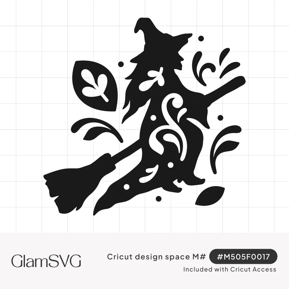 Black silhouette of a witch flying on a broomstick with swirl cutouts, scattered leaves, flourishes and dots