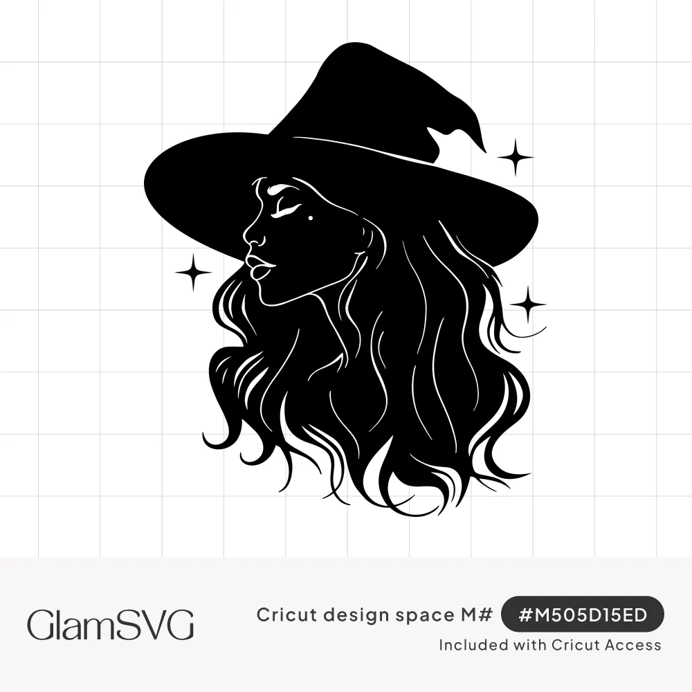 Black silhouette of a woman in side profile wearing a witch hat, with long wavy hair and small sparkles around her