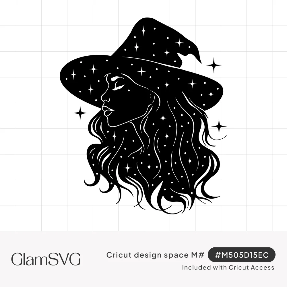 Black silhouette of a woman in profile wearing a witch hat, her long wavy hair and hat filled with white stars
