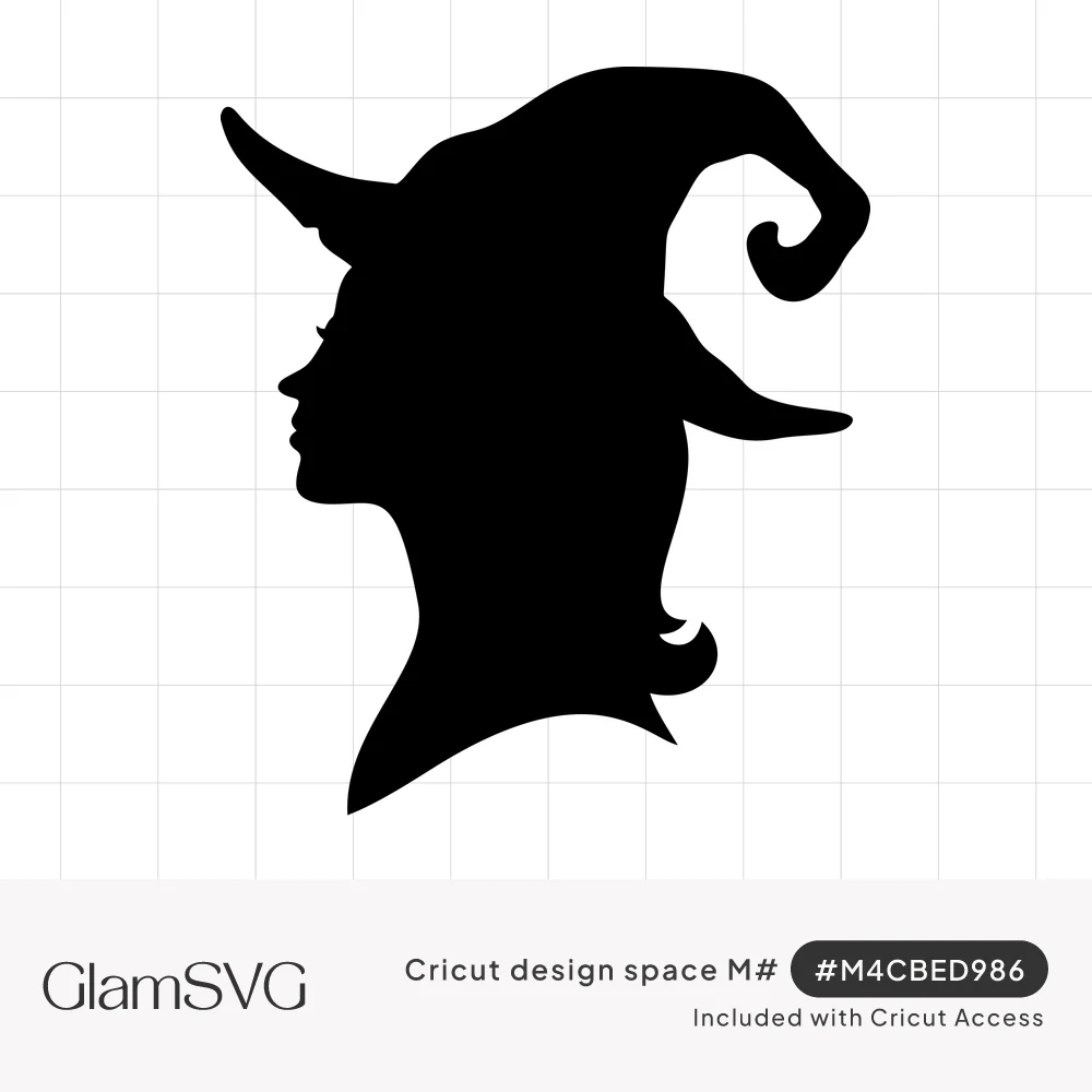 Black silhouette of a woman's head in side profile wearing a tall witch hat with a curled tip and wide brim