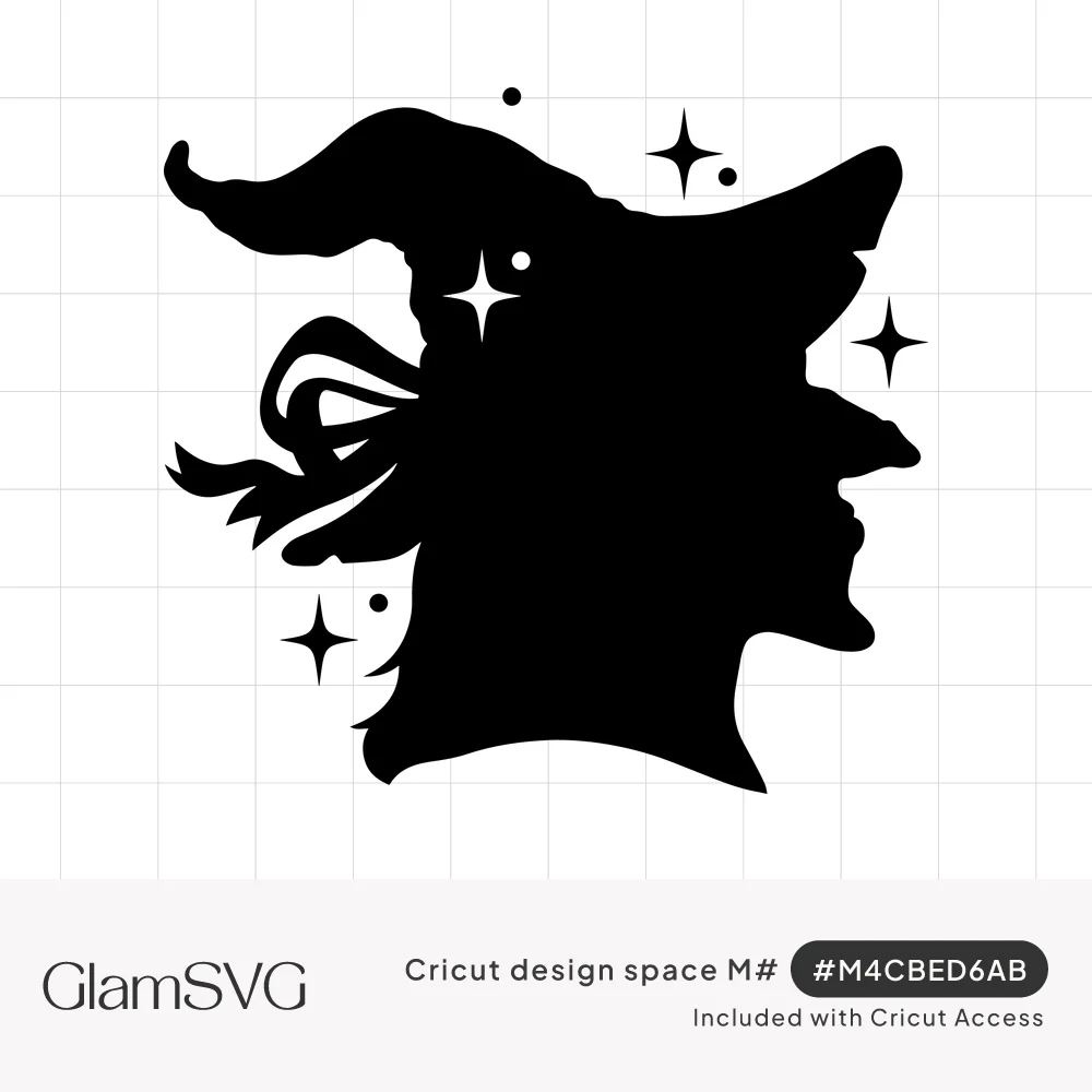 Black silhouette of a witch in profile wearing a tall curled pointed hat with a bow, surrounded by sparkles and dots