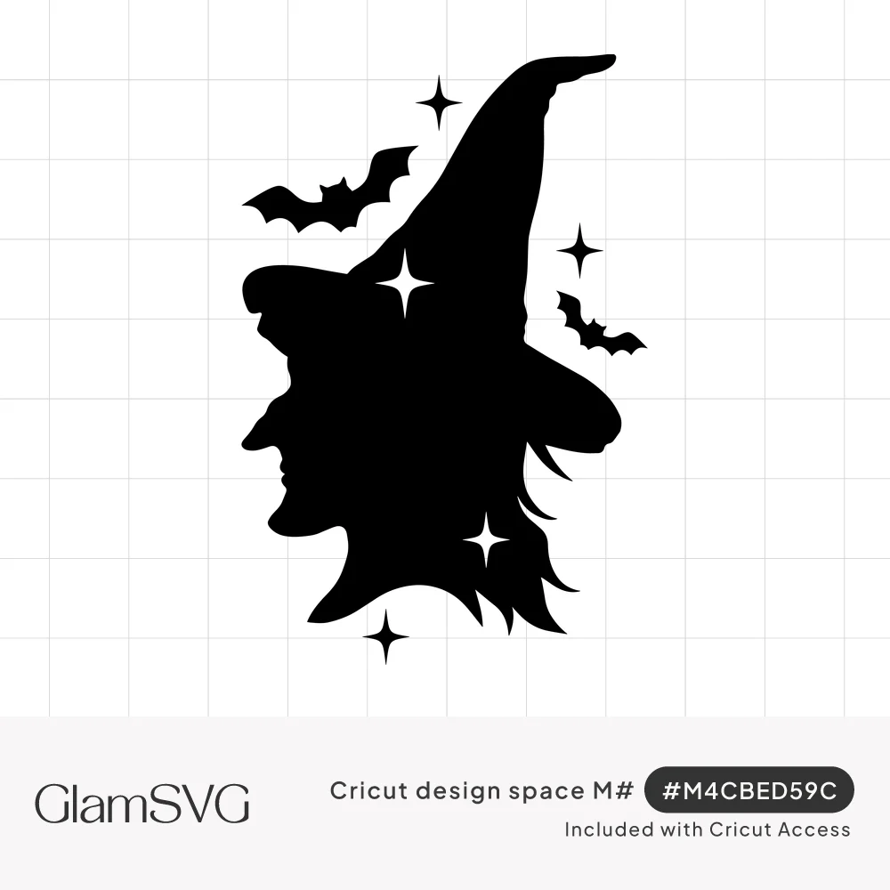 Black silhouette of a witch's profile in a tall pointed hat with bats and sparkles around her