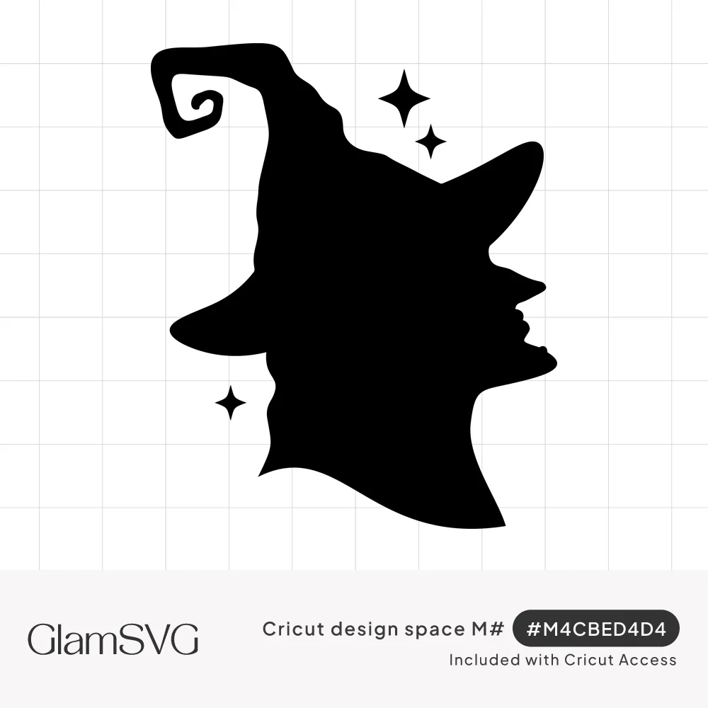 Black silhouette of a witch's profile in a pointed hat with a curled tip, surrounded by small four-point sparkles
