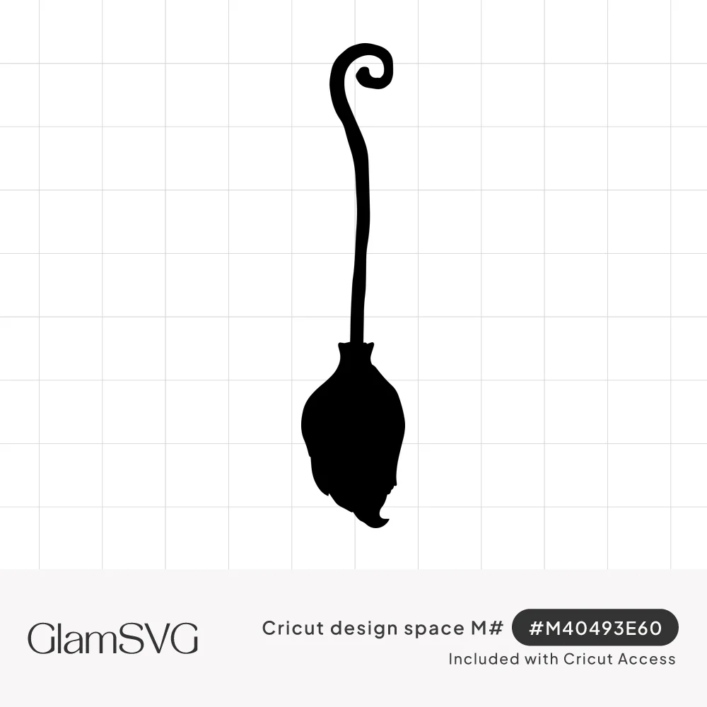 Black silhouette of a witch's broomstick with a curled spiral handle and a full, ragged bristle head