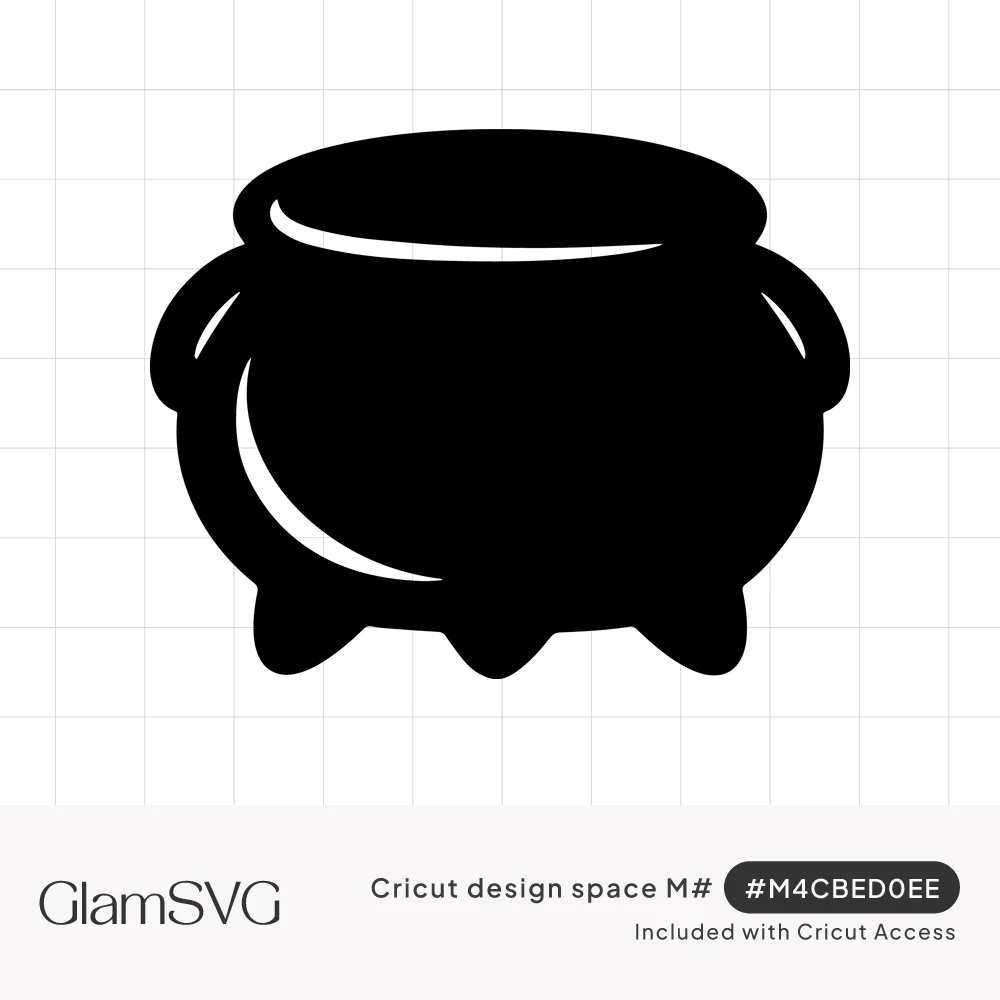 Black silhouette of a witch's cauldron with side handles, three short feet and white highlight curves on the rim and side