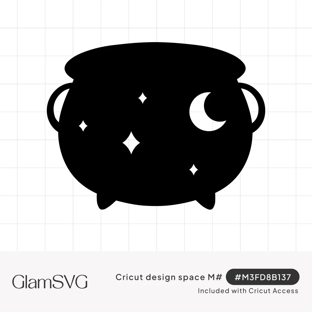 Black silhouette of a witch cauldron on three feet with a white crescent moon and sparkle stars cut out