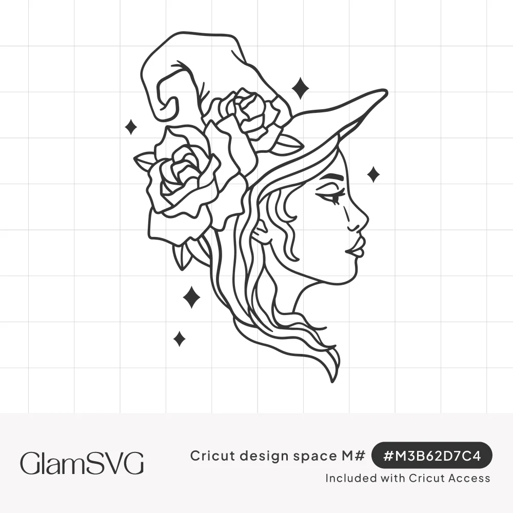 Line drawing of a woman's side profile wearing a witch hat adorned with roses, long hair and small sparkles around her