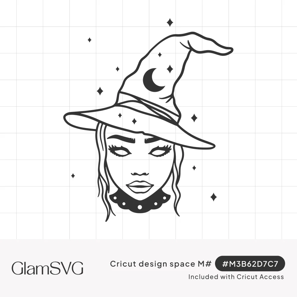 Black line art of a witch's face wearing a pointed hat with a crescent moon, wavy hair, choker and scattered sparkles