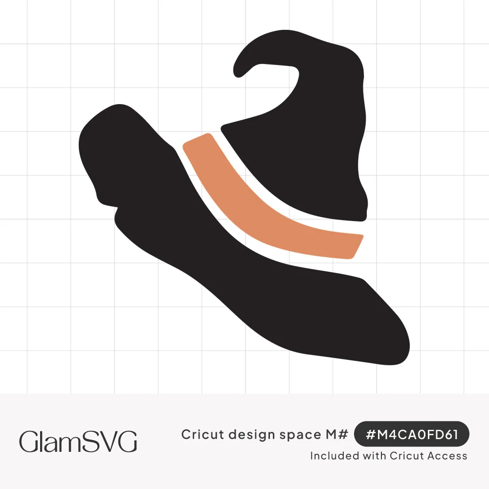 Black witch hat with a bent pointed tip, wide curved brim and an orange band around the crown