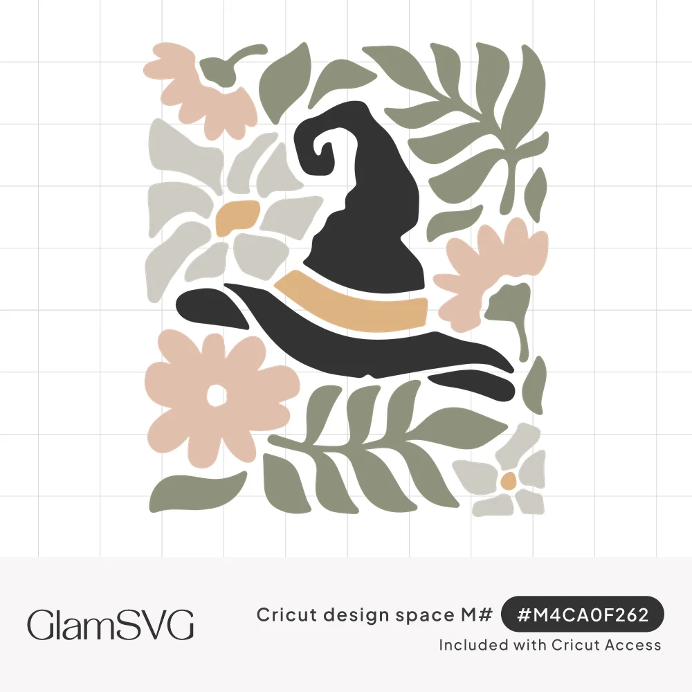 Black witch hat with mustard band surrounded by blush pink flowers, sage green leaves and gray blooms in a rectangle