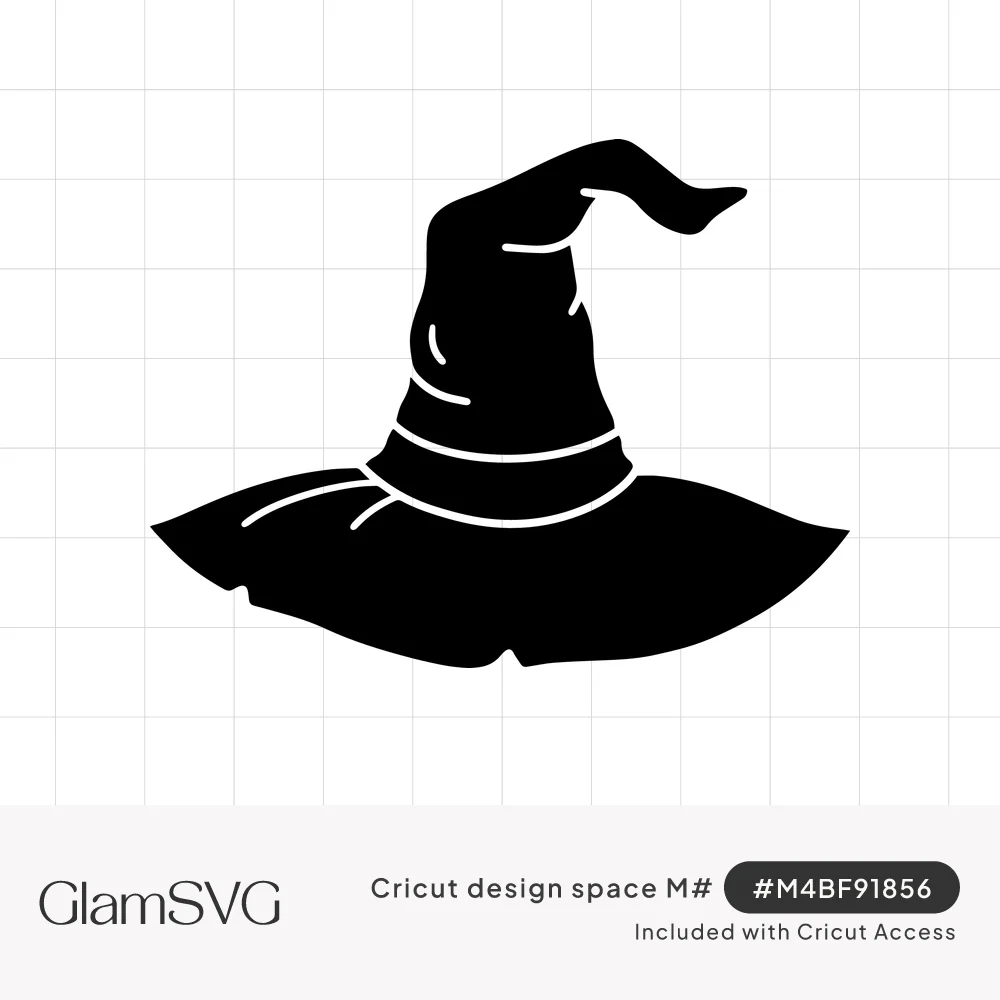 Black silhouette of a witch hat with a bent pointed tip, a banded crown and a wide wavy brim