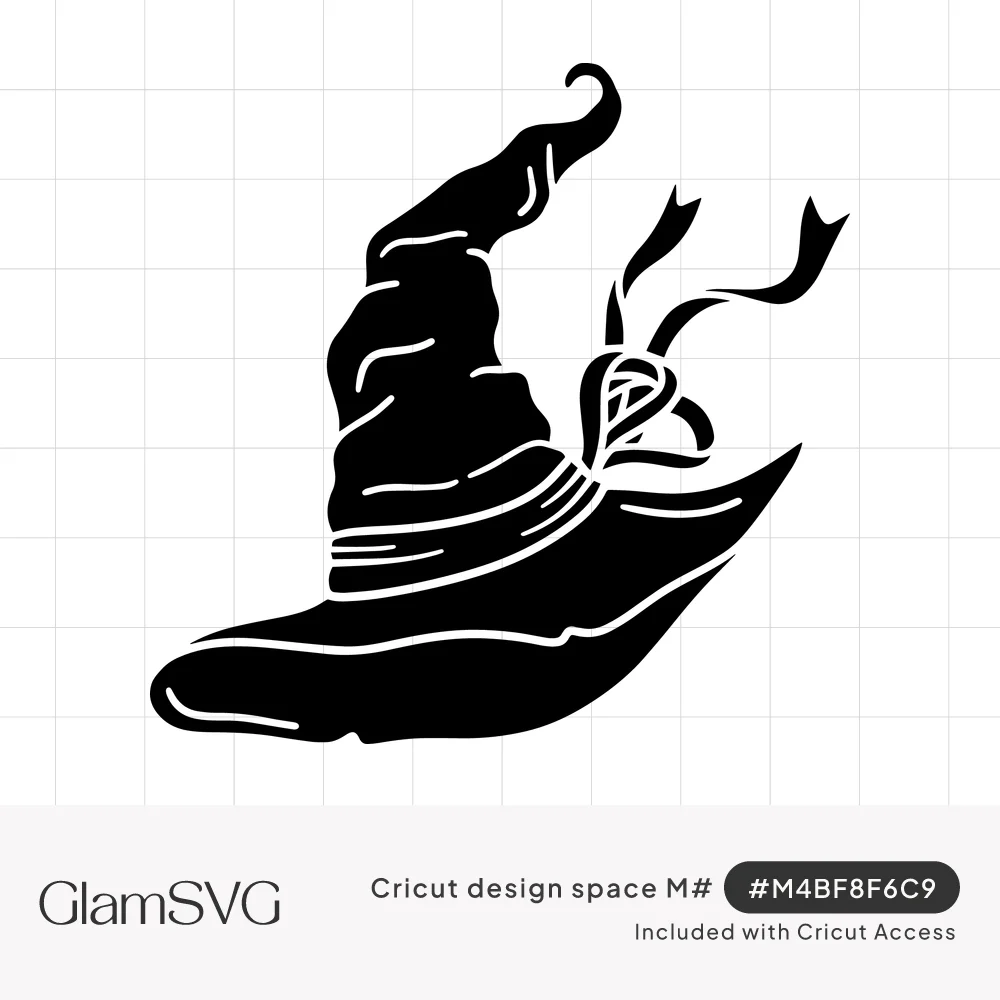 Black silhouette of a crooked witch hat with a curled tip, wrinkled cone, banded brim and trailing ribbon