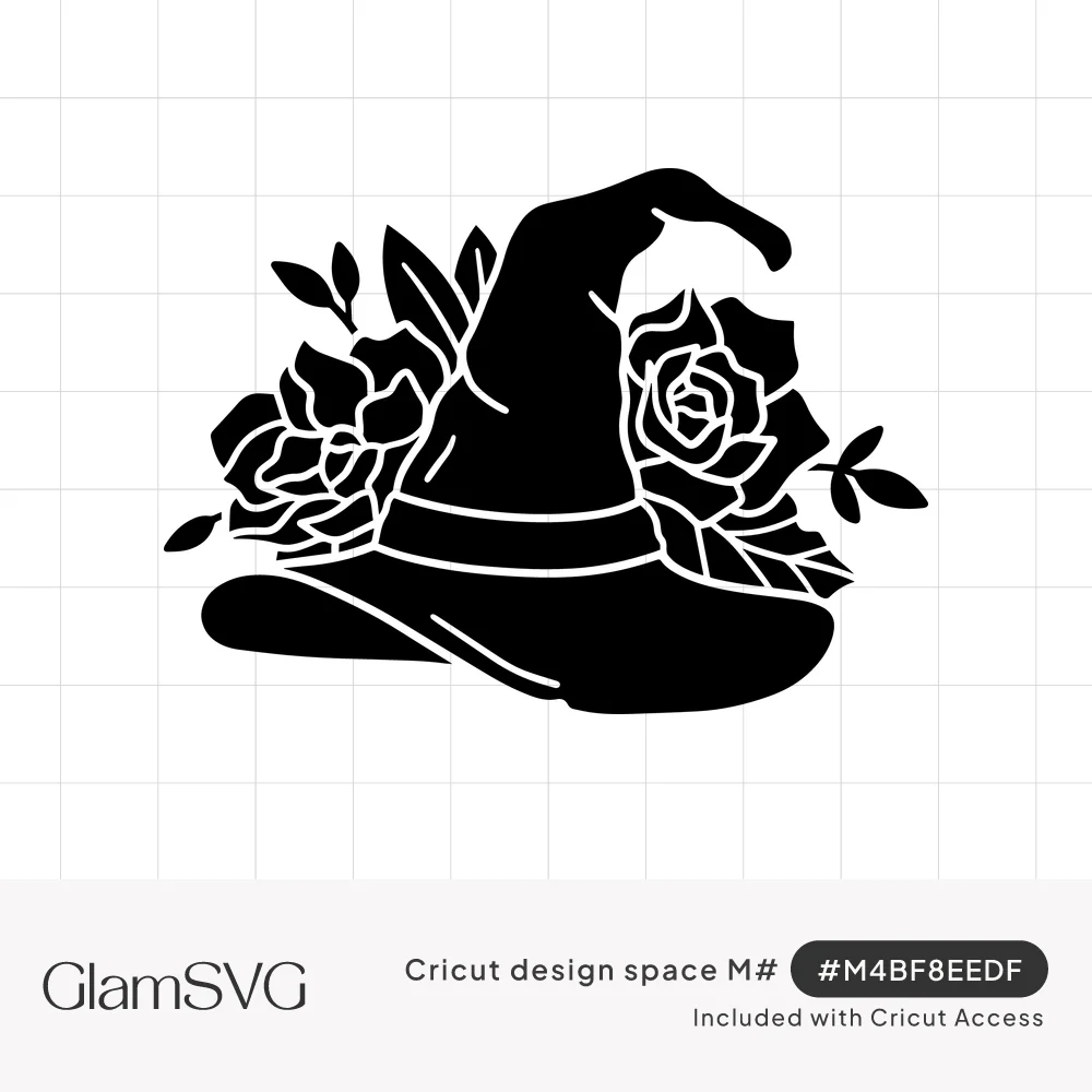 Black silhouette of a pointed witch hat with a banded brim surrounded by roses and leaves