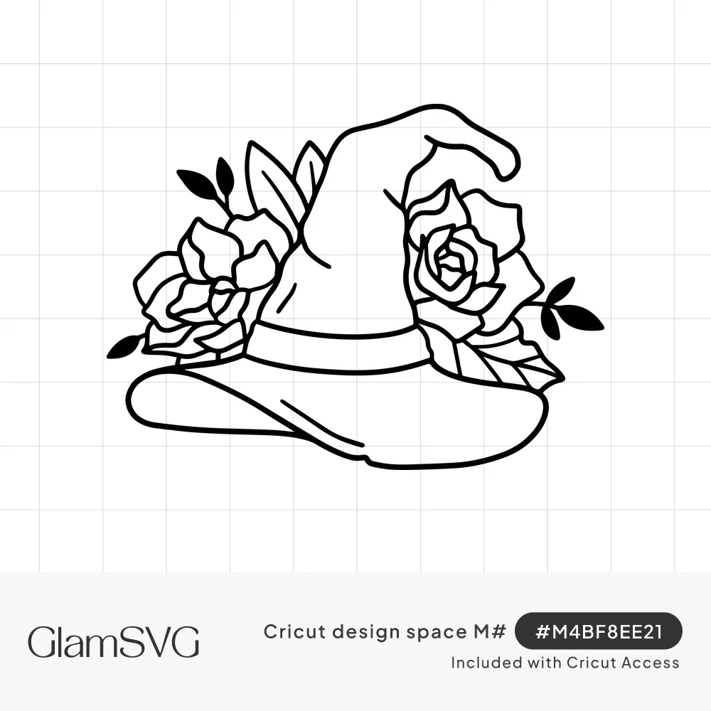 Black line art of a pointed witch hat with a band, surrounded by blooming roses and small leaves