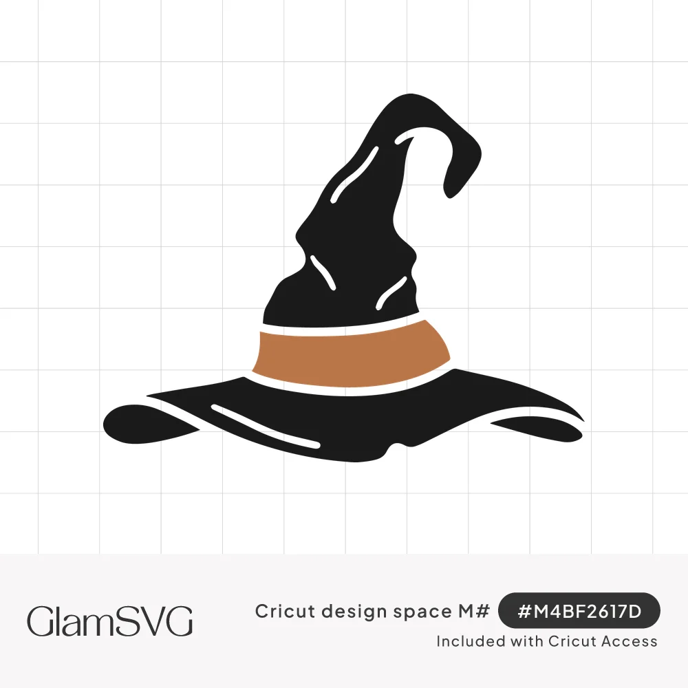 Black pointed witch hat with a bent tip, wavy wide brim, white highlight lines and a copper-orange hat band