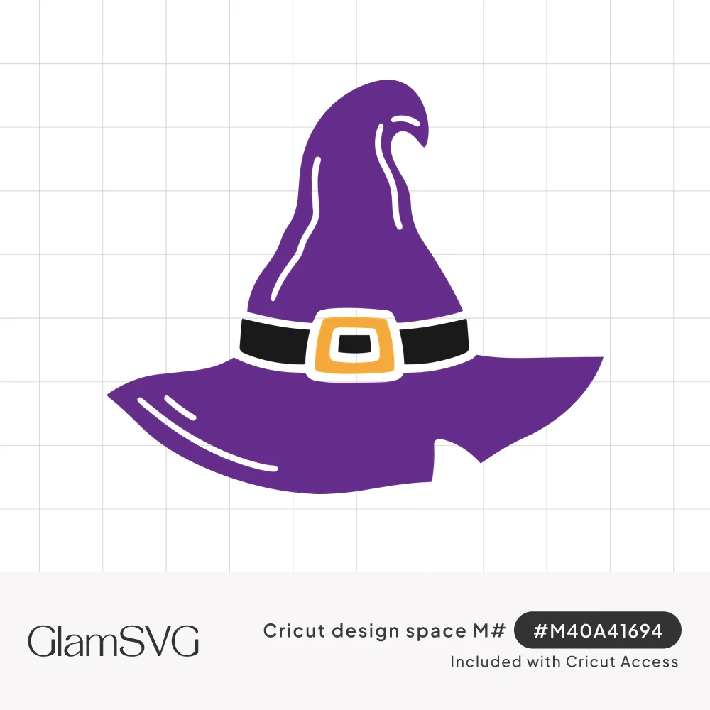 Purple witch hat with a curled pointed tip, wavy brim, black band and gold buckle, with white highlight lines