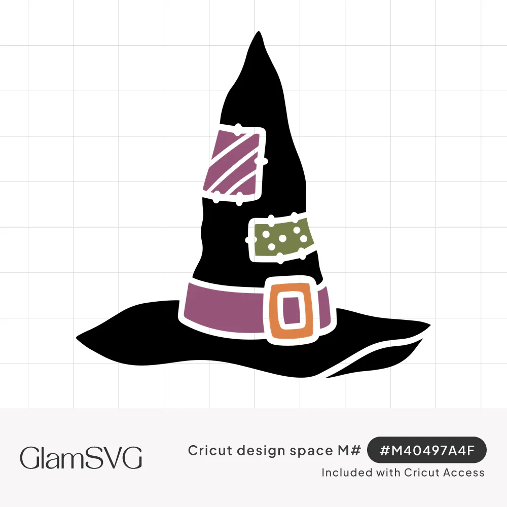 Black pointed witch hat with striped purple and dotted green patches, purple band and orange buckle
