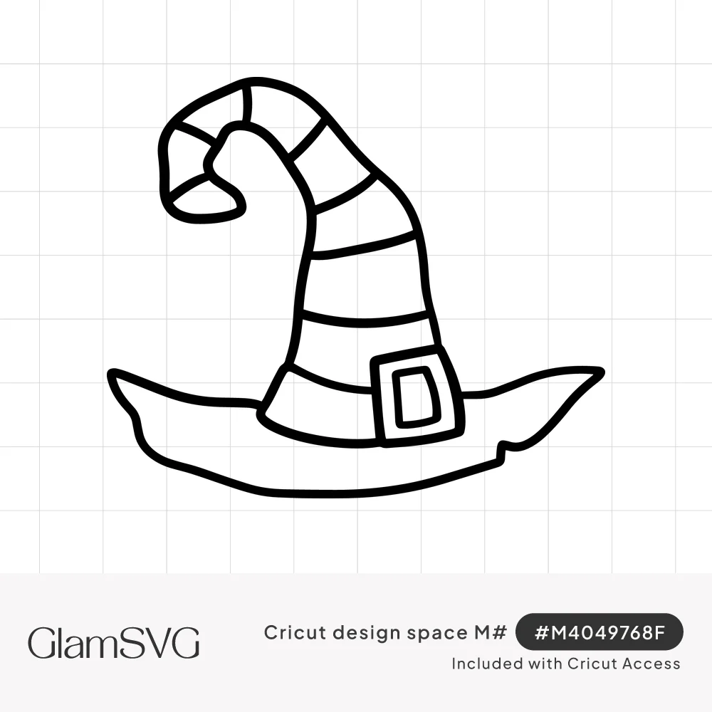 Black outline drawing of a striped witch hat with a curled tip, square buckle and wavy brim