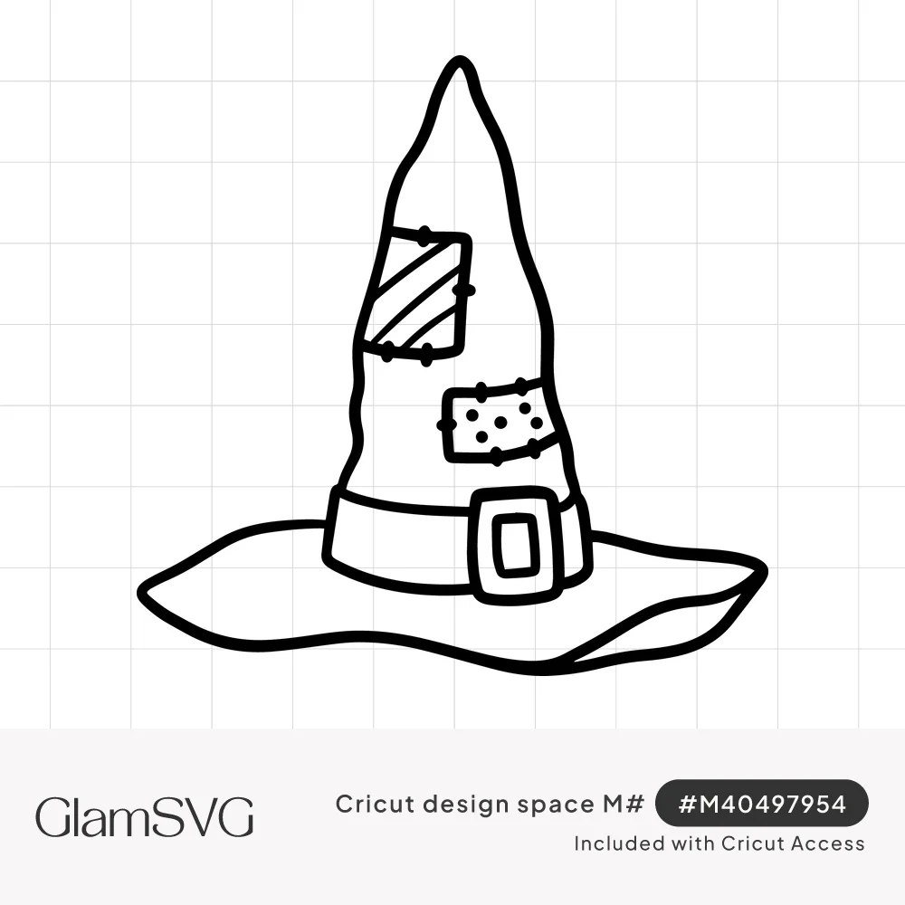 Black outline drawing of a pointed witch hat with striped and polka dot patches, a buckled band and a wavy brim