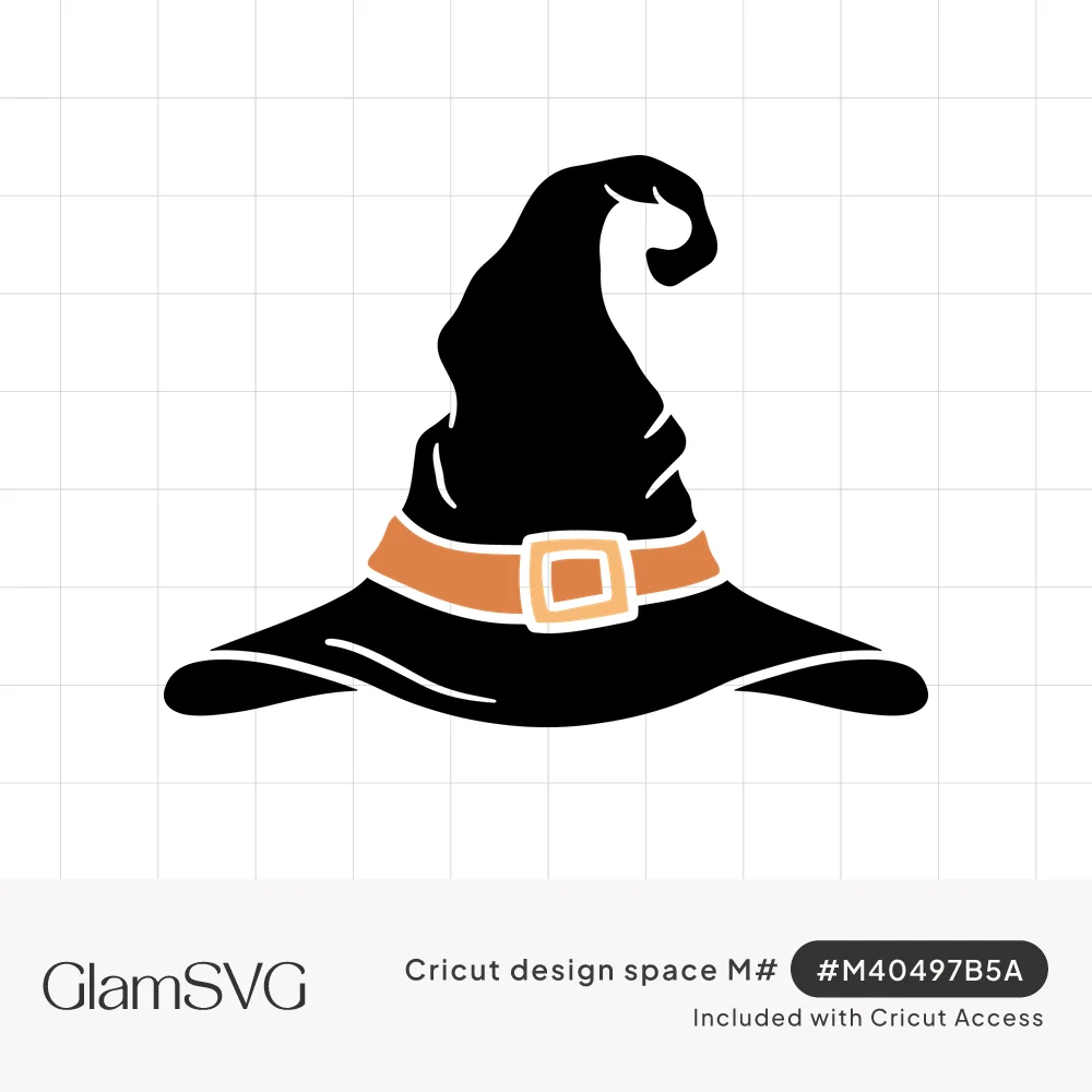 Black witch hat with a curled pointed tip, white crease lines and an orange band with a square buckle