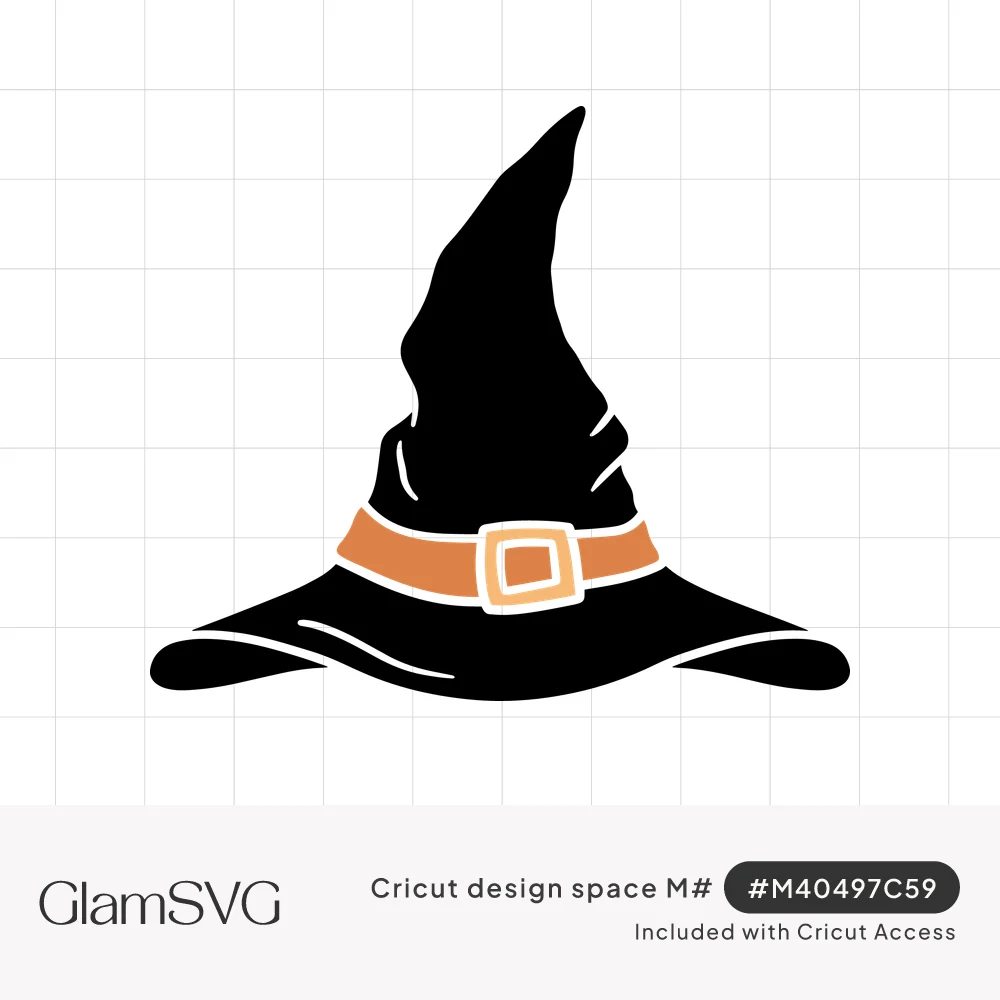 Black pointed witch hat with a bent tip, wavy brim and orange band with a square gold buckle