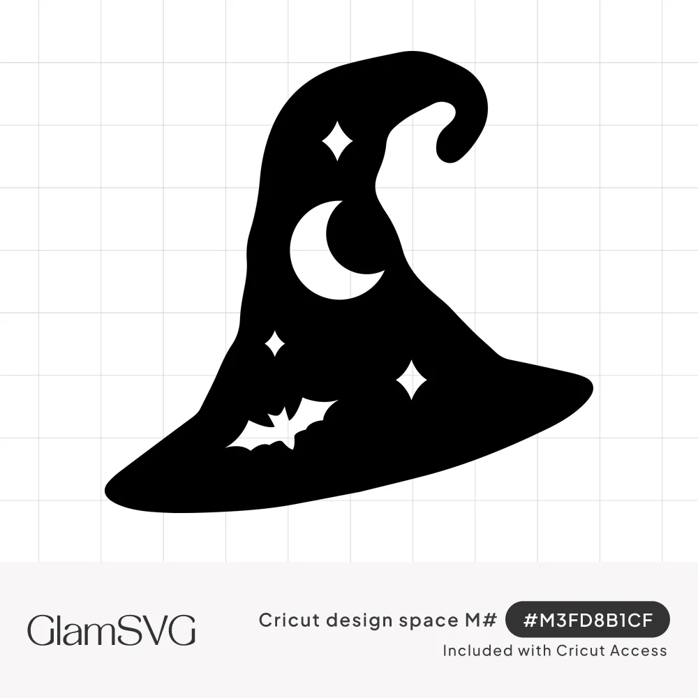 Black witch hat silhouette with curled tip and cutout crescent moon, sparkle stars and a flying bat