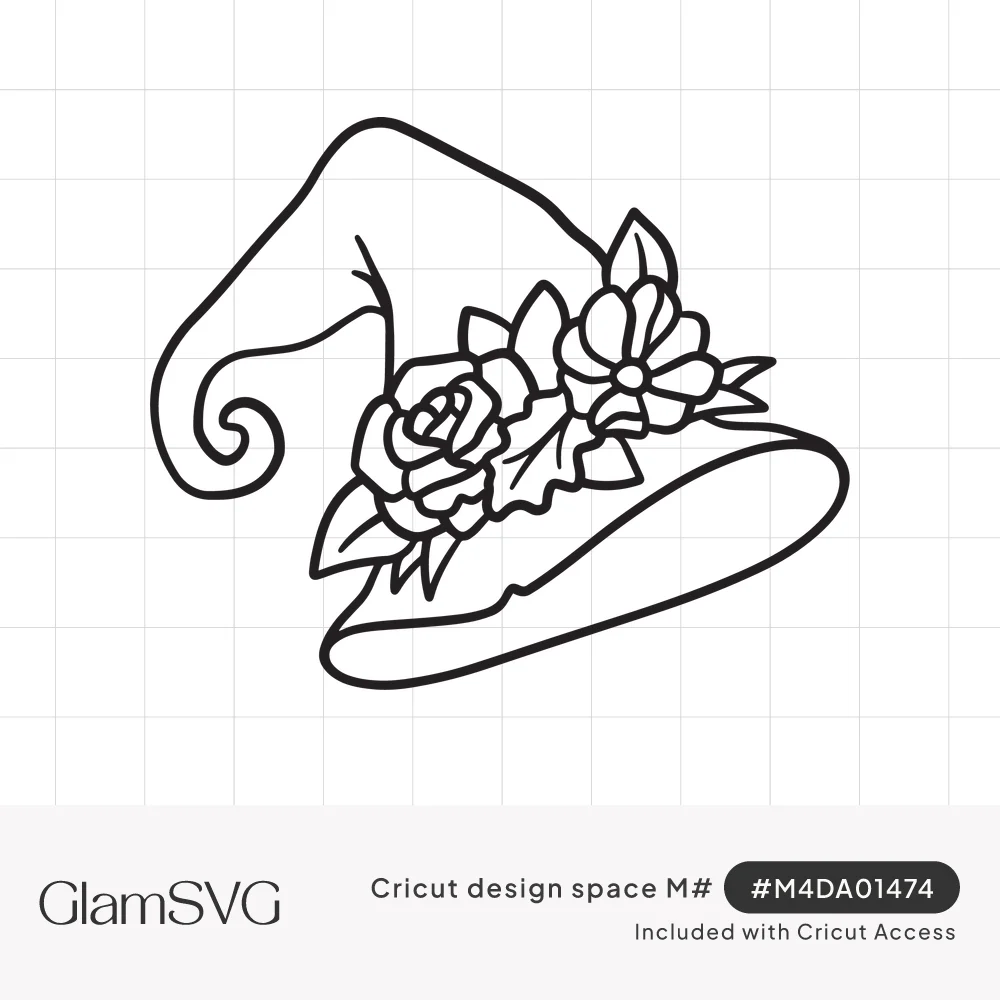Black line drawing of a curled witch hat with a rose, an open flower and leaves wrapped around the brim