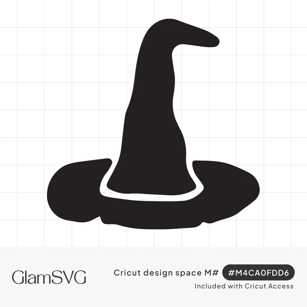 Solid black silhouette of a pointed witch hat with a bent tip, wide wavy brim and thin white hatband line