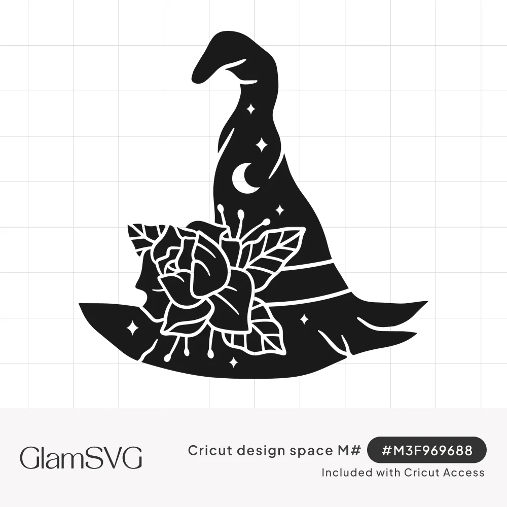 Black silhouette of a crooked witch hat with a large rose and leaves at the band, a crescent moon and small stars