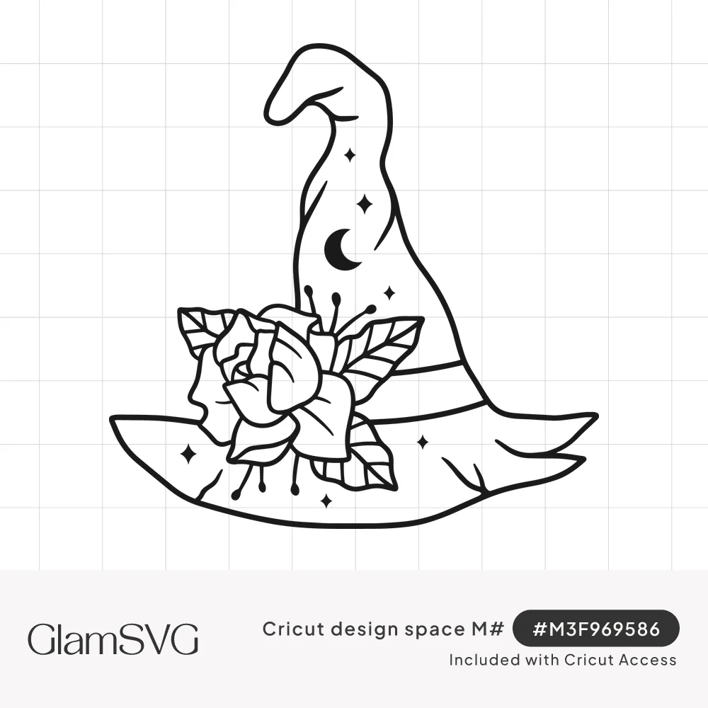 Black line drawing of a pointed witch hat with a rose and leaves on the brim, a crescent moon and small sparkles