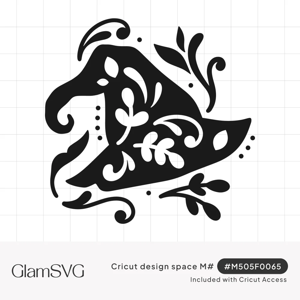 Black witch hat silhouette with leaf and swirl cutouts, surrounded by curling vines, sprigs and small dots