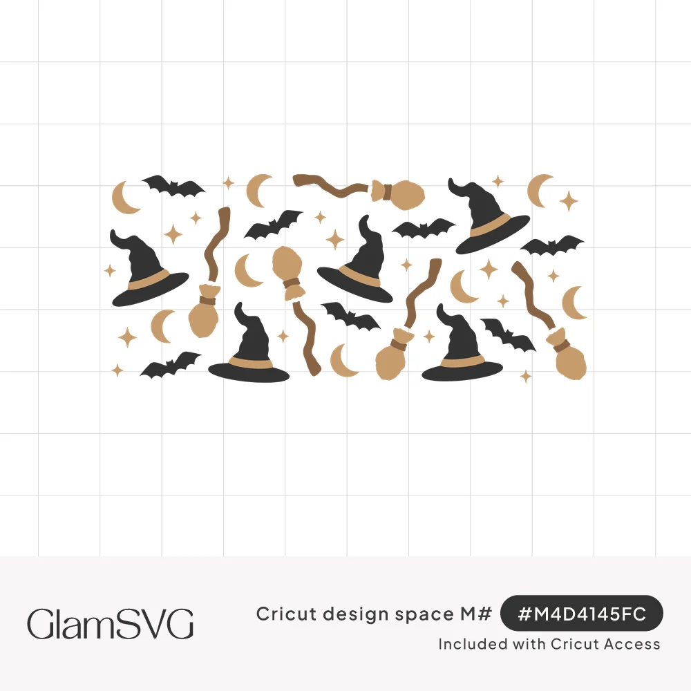 Repeating Halloween pattern of black witch hats, tan broomsticks, flying bats, crescent moons and small stars