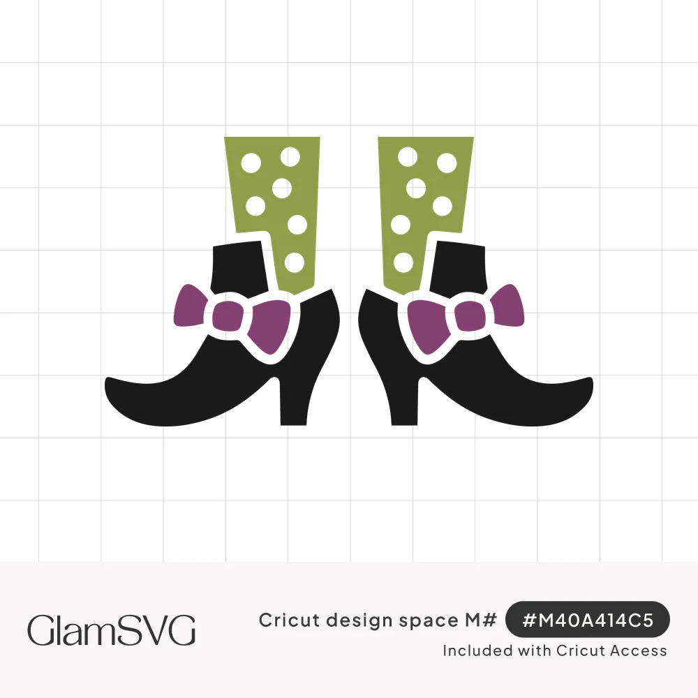 Two witch legs in green polka dot stockings and pointy black boots with purple bows