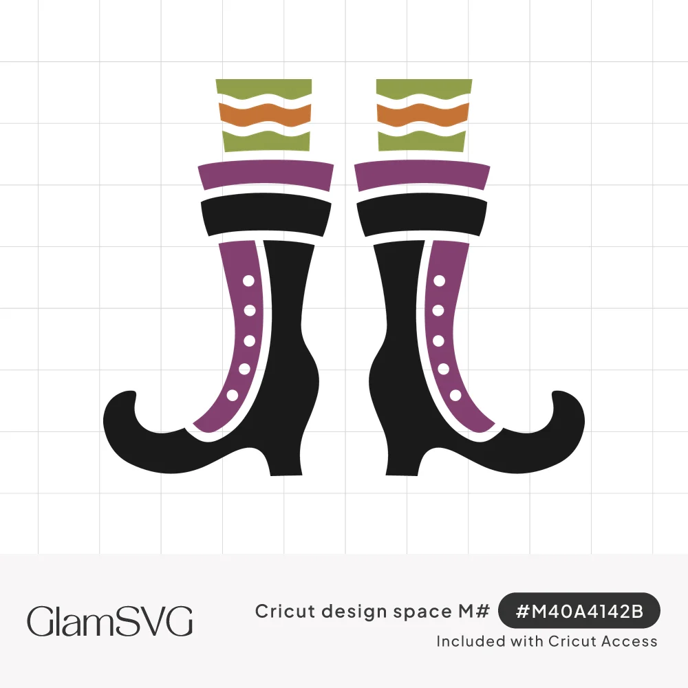 Pair of black and purple curly-toed witch boots with white buttons and green and orange striped stockings