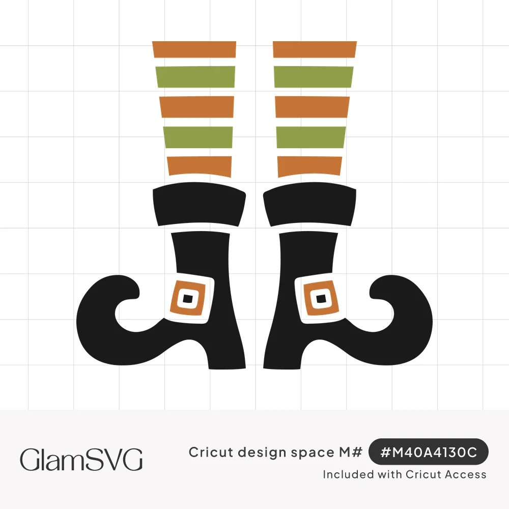 Witch legs in orange and green striped stockings and black curled-toe boots with orange square buckles