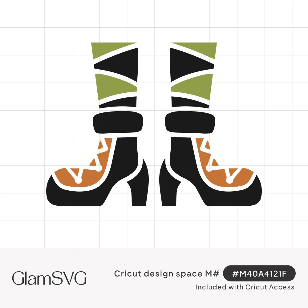 Witch legs in green and black striped stockings and black heeled boots with orange zigzag-stitched toes