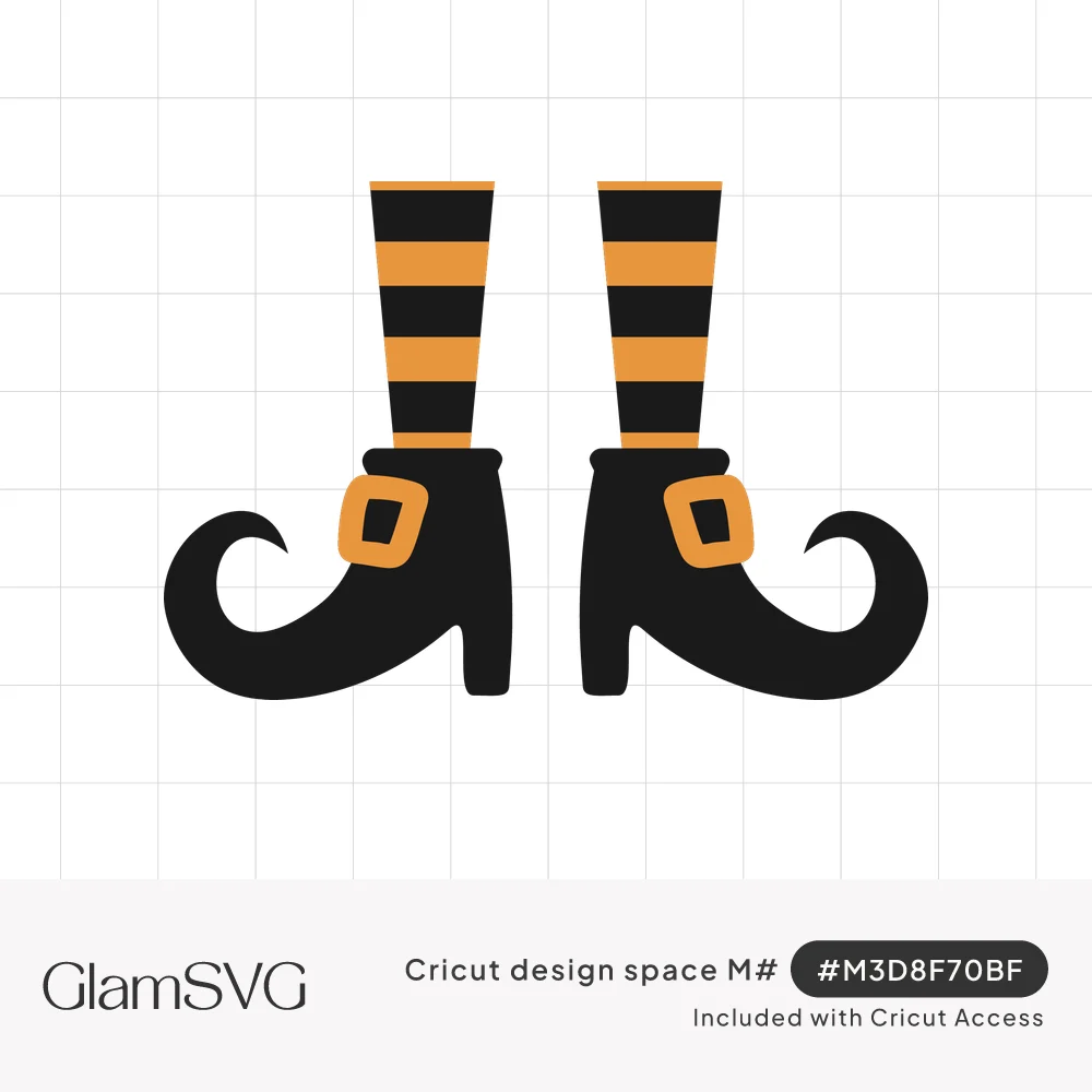 Two witch legs in orange and black striped stockings wearing black curled-toe boots with orange square buckles