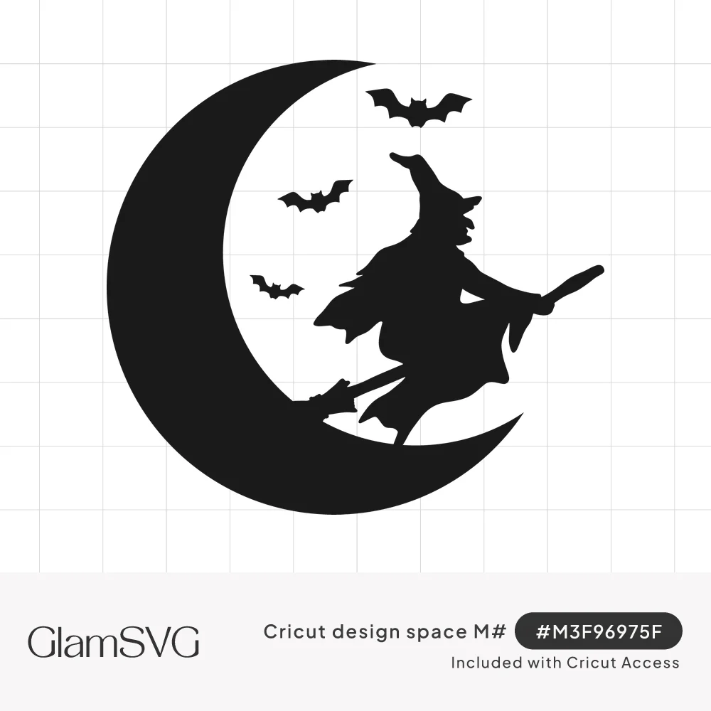 Black silhouette of a witch riding a broomstick in front of a crescent moon with three flying bats