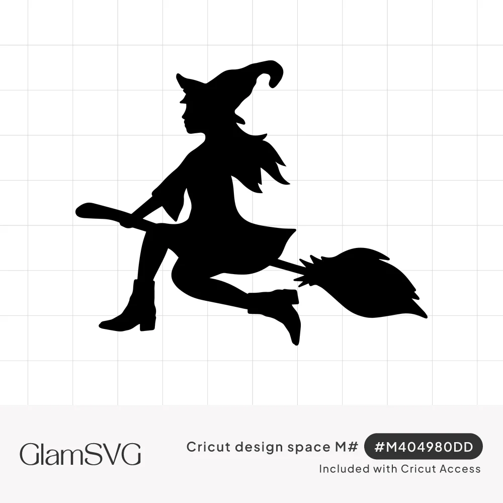 Black silhouette of a witch in a pointed hat and boots flying on a broomstick with her hair streaming behind