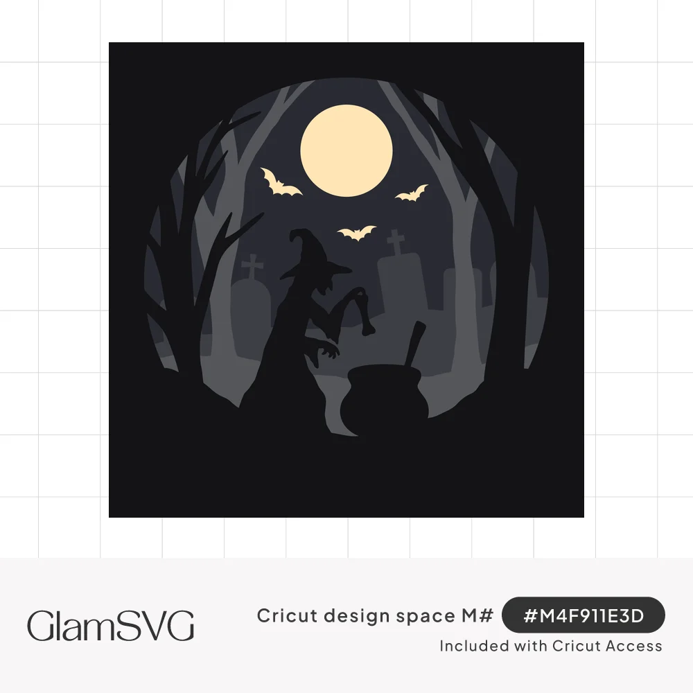 Layered circular Halloween scene of a witch silhouette with a cauldron, full moon, bats, bare trees and graveyard crosses