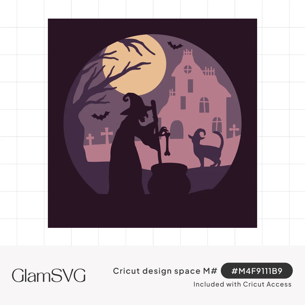 Layered silhouette of a witch stirring a cauldron with a black cat, haunted house, bats and full moon in plum and mauve