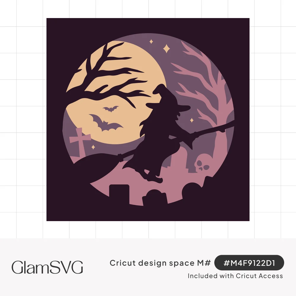 Layered circular Halloween scene of a witch on a broomstick silhouetted against a full moon with bats, bare trees and graveya