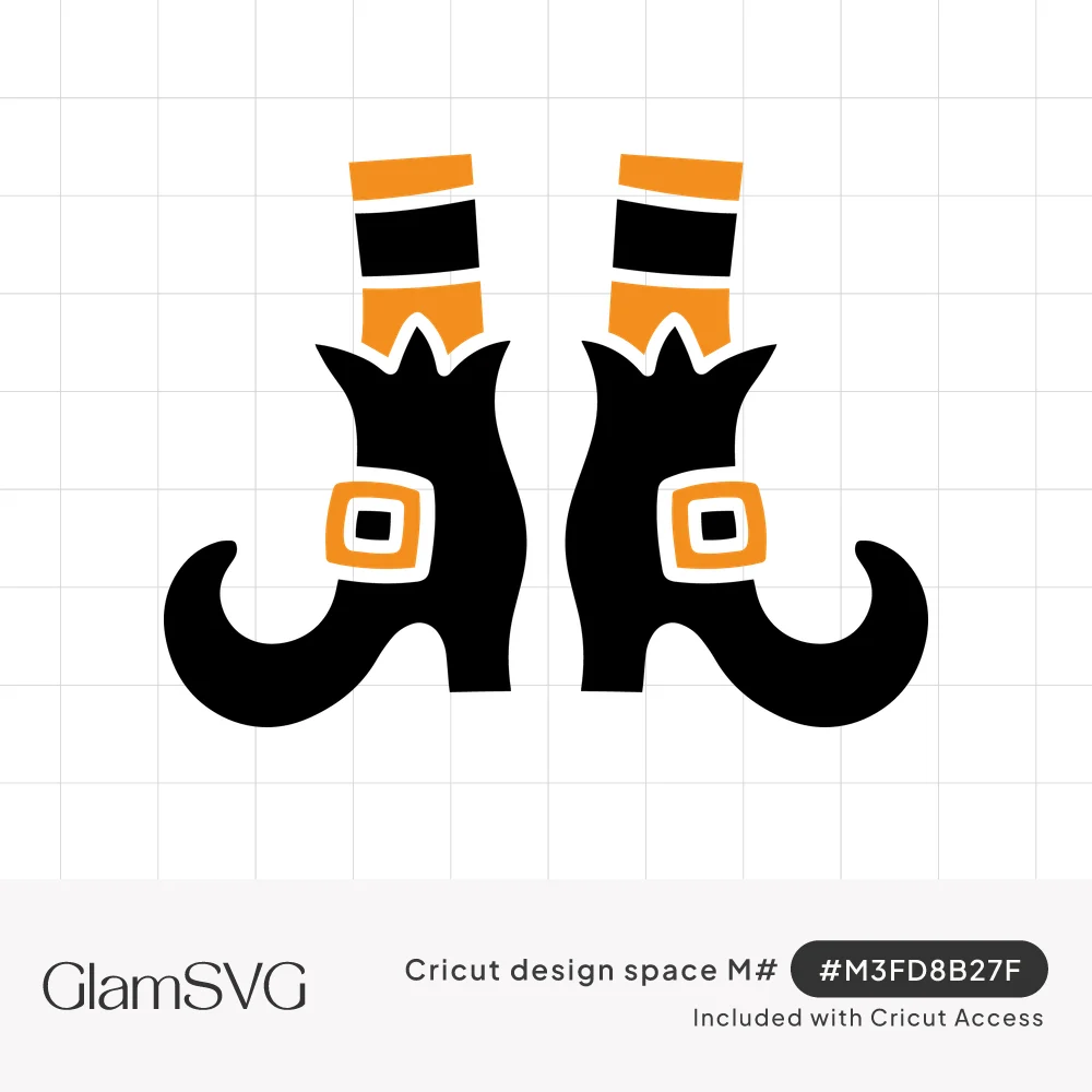 Pair of black curly-toed witch boots with orange buckles and black and orange striped stockings