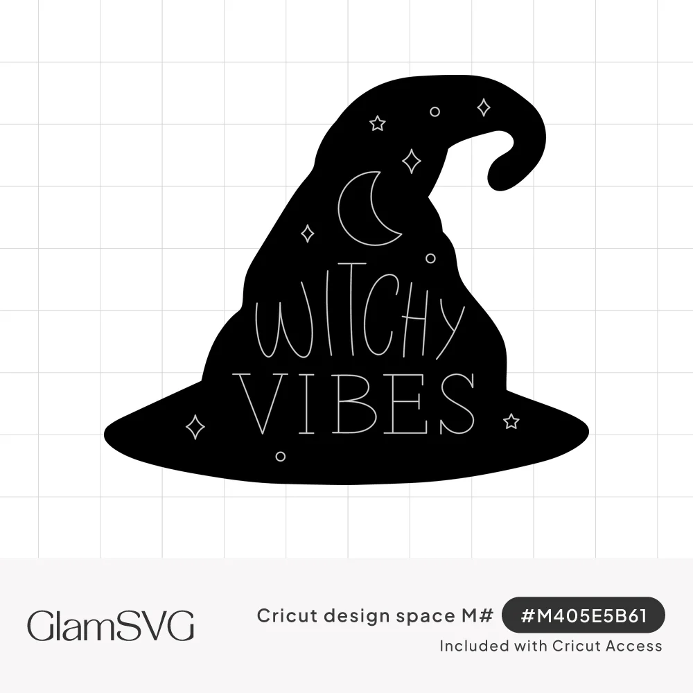 Black witch hat silhouette with thin cut-out lettering reading Witchy Vibes, a crescent moon and small stars
