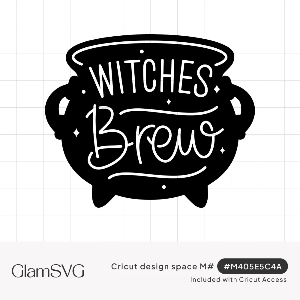 Black cauldron silhouette with Witches Brew in white print and script lettering, swirls and small sparkles