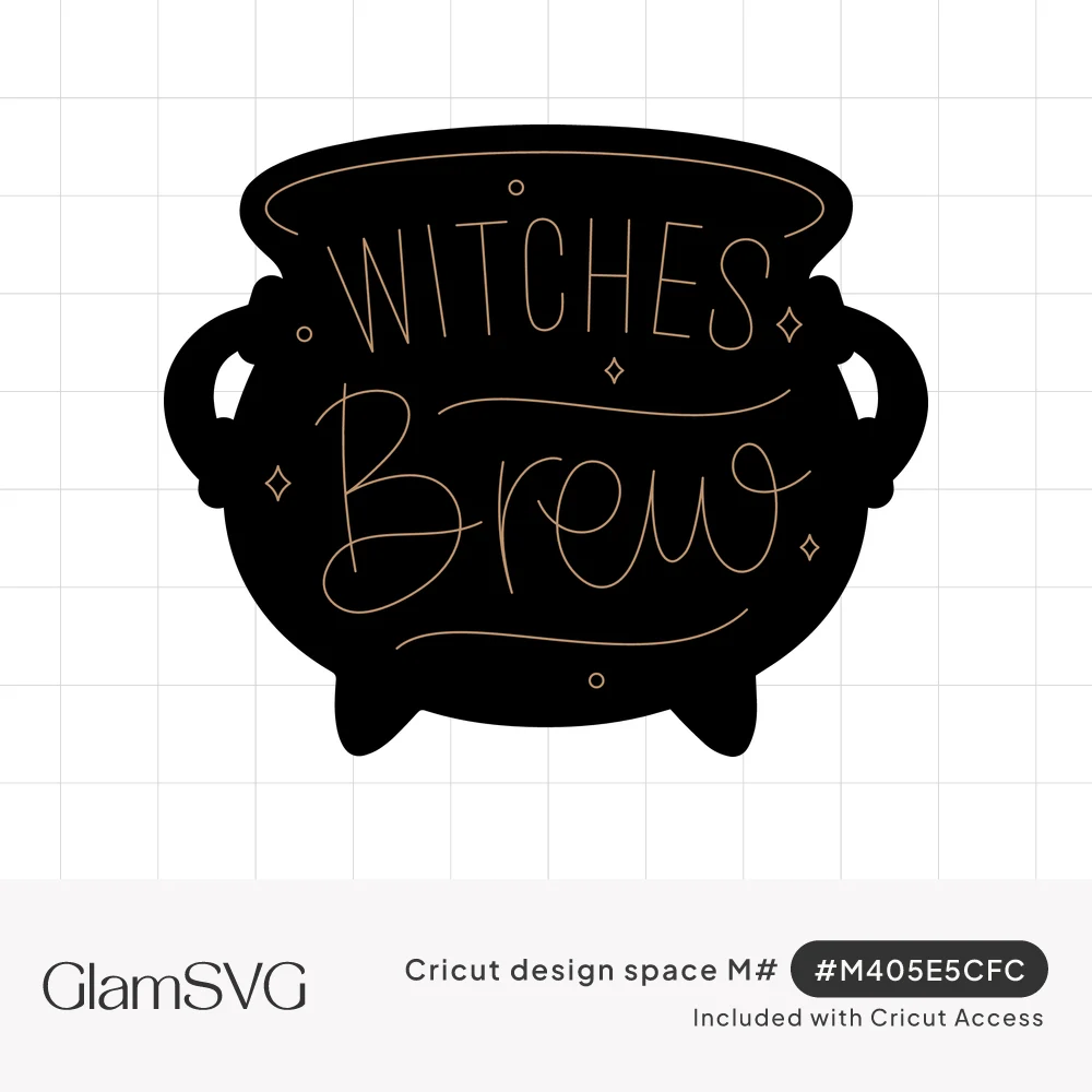 Black cauldron silhouette with gold hand-lettered Witches Brew text and small diamond sparkles
